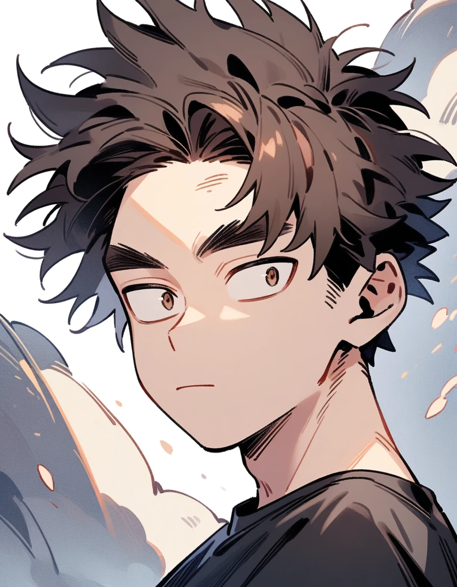 One boy, male focus, young, teen, boku no hero academia, Face portrait, Oval face, strong jaw and high cheekbones. Soft but marked features. Slightly almond-shaped eyes framed by long, straight eyelashes, deep gaze. Expression of concentration. Thick eyebrows. Dark brown hair, short and slightly messy. Strands that fall on the forehead. Carefree but careful style. masterpiece. best quality. very aesthetic. proportionally anatomical. Detailed illustration, medium close up portrait. Looking forward. Black t-shirt.