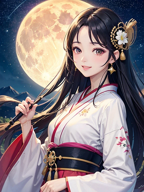 (Highest quality、 8k wallpaper、masterpiece、High resolution)、Vibrant colors、The Tale of the Bamboo Cutter、The Tale of Princess Kaguya、Elegant and beautiful woman with long black hair、Theara、A kind look、Smile on the lips、Traditional costumes of Japan、12 Single layer costume、whole body、Detailed Background、(Moso bamboo, starry sky and full moon)、Detailed digital art、