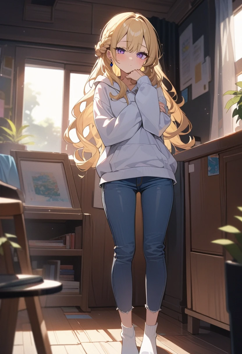 masterpiece, best quality, extremely detailed, ultra detailed, flat anime, 2D,
1girl, (young adult:1.2),blonde hair, (semi-long hair:1.2), curly hair, french braid, medium breasts, purple eyes, tsurime, height 1.7meters, 
white hooded sweatshirt, jeans,  earring,bracelet, long sleeves,socks,
Chin in hand.,jitome,very interesting,
summer, livingroom, 12AM., standing