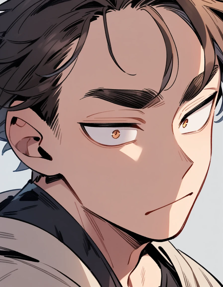 One boy, male focus, young, teen, boku no hero academia, Face portrait, Oval face, strong jaw and high cheekbones. Soft but marked features. Slightly almond-shaped eyes framed by long, straight eyelashes, deep gaze. Expression of concentration. Thick eyebrows. Dark brown hair, short and slightly messy. Strands that fall on the forehead. Carefree but careful style. masterpiece. best quality. very aesthetic. proportionally anatomical. Detailed illustration, medium close up portrait. Looking forward. Black t-shirt.