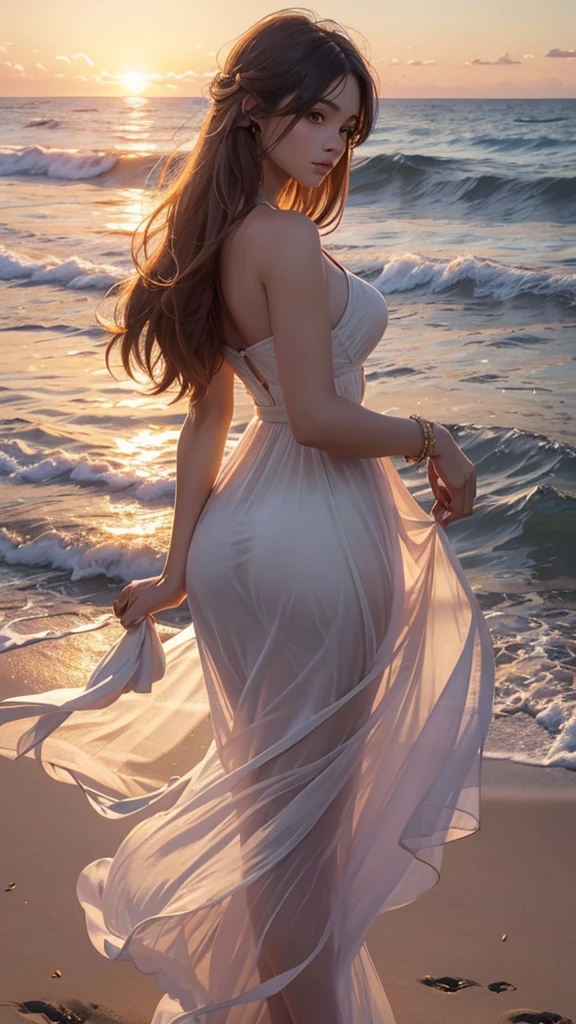 Design a beautiful, detailed digital artwork featuring a young woman with long, flowing hair, standing on a sandy beach during sunset. She is dressed in a light, flowing dress that moves with the wind. The scene captures the vibrant colors of the sunset, with the sky transitioning from warm oranges and pinks to deeper purples and blues. The waves of the ocean are gently rolling in the background. The woman's expression is peaceful as she gazes at the horizon, with the soft, golden light of the setting sun illuminating her face and hair