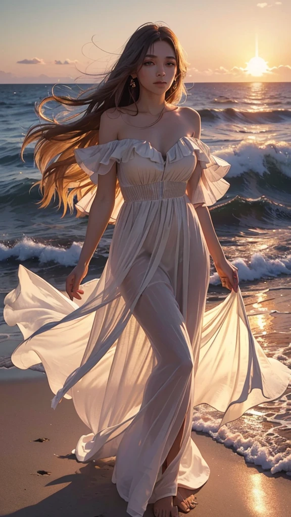 Design a beautiful, detailed digital artwork featuring a young woman with long, flowing hair, standing on a sandy beach during sunset. She is dressed in a light, flowing dress that moves with the wind. The scene captures the vibrant colors of the sunset, with the sky transitioning from warm oranges and pinks to deeper purples and blues. The waves of the ocean are gently rolling in the background. The woman's expression is peaceful as she gazes at the horizon, with the soft, golden light of the setting sun illuminating her face and hair