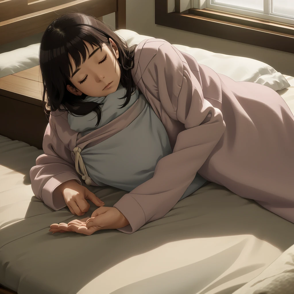 "A serene anime-style scene of a young woman peacefully sleeping in bed, with soft morning sunlight streaming through a nearby window, casting gentle shadows. She has long brown hair, a calm expression, and is covered with a cozy blanket. The atmosphere is warm and tranquil, evoking a sense of comfort and relaxation."