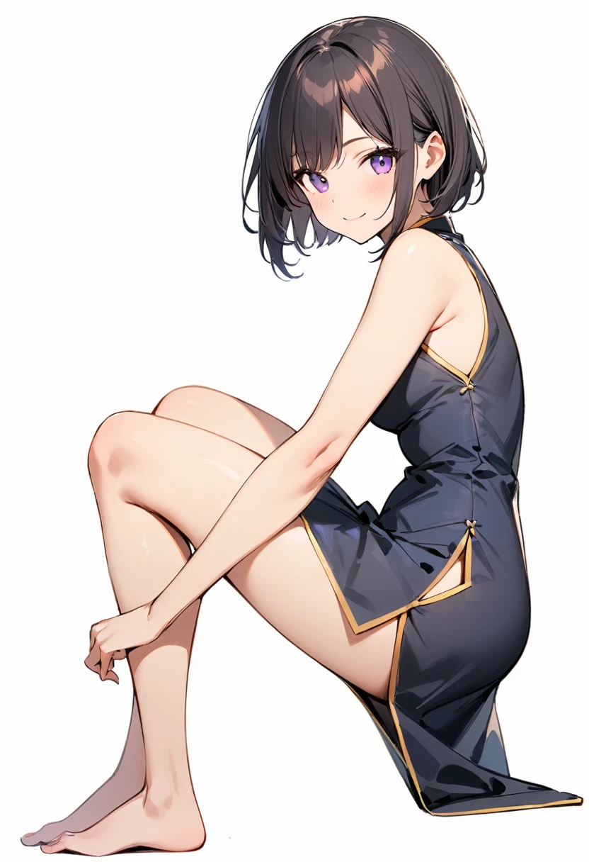 (masterpiece:1.2),Highest quality,Pixiv ,One girl,alone,View your viewers,,smile,White background only,whole body,From the side,One knee,,Look to the side、white background only、黒 cheongsam dress、No sleeve、Short length and deep slits、Rolled up dress hem、No background