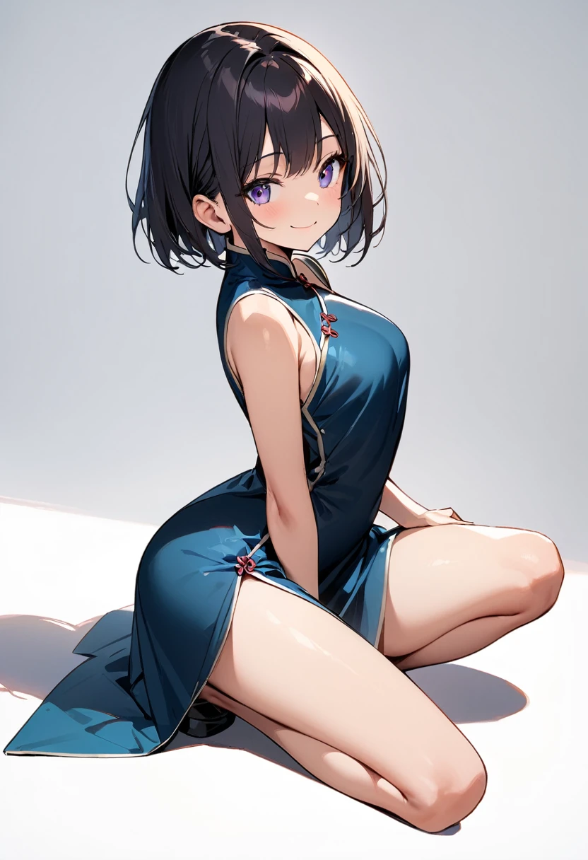 (masterpiece:1.2),Highest quality,Pixiv ,One girl,alone,View your viewers,,smile,White background only,whole body,From the side,One knee,,Look to the side、white background only、黒 cheongsam dress、No sleeve、Short length and deep slits、Rolled up dress hem、No background