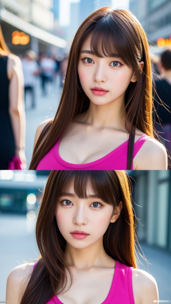 (best quality, 8k, 32k, masterpiece, UHD:1.2), ultra high resolution, (pretty a Korean early girl), 13 yrtrait, beautiful detailed eyes, dark make-up, semi long brown hair, bangs, (wearing magenta tank-top), big breasts, cleavage, crowded city boulevard on a bright sunny day, (detailed background:1.5)