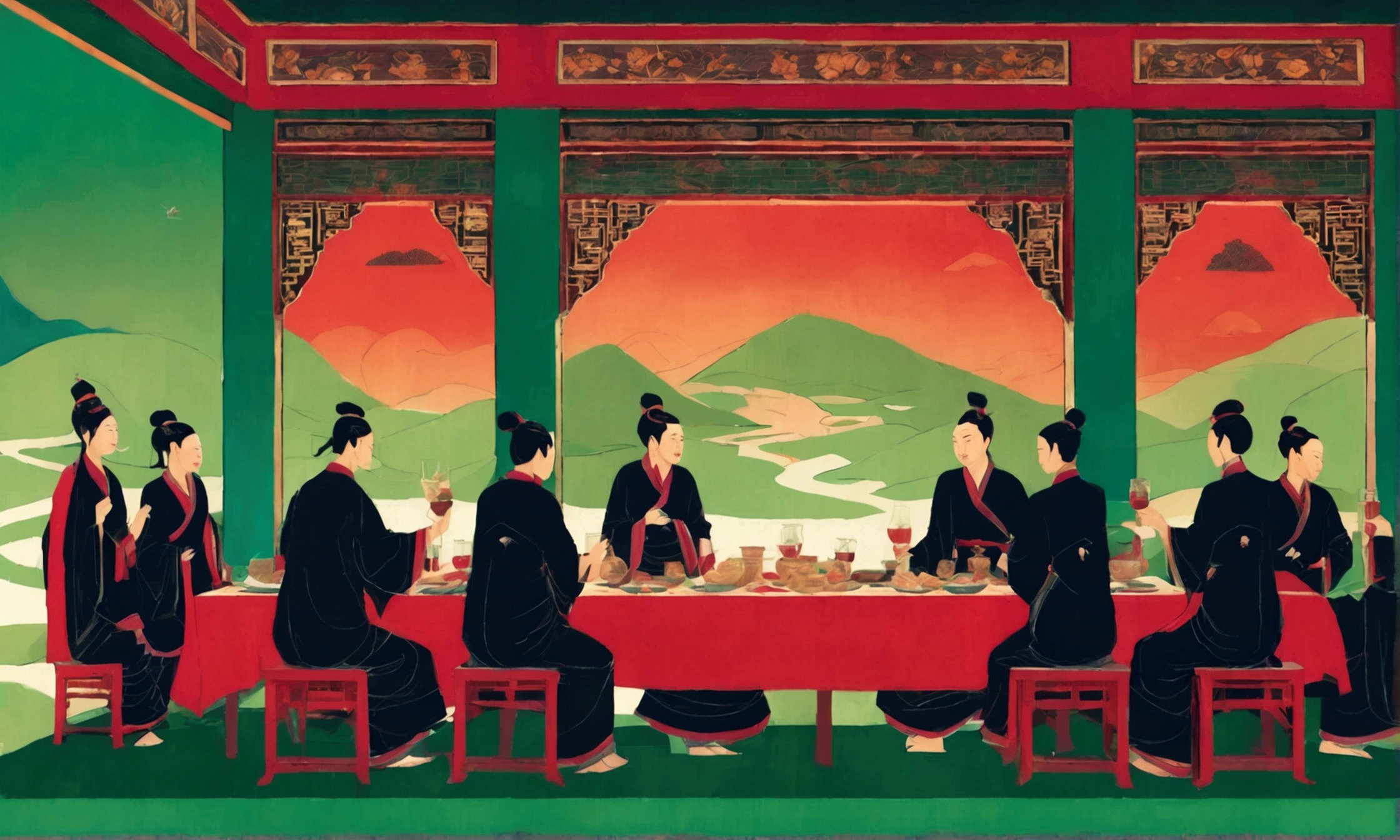 Chinese Dunhuang mural style ,perspective illustration, green background,The scene of many people drinking and dining together,dynamic pose,raw edge texture,Fluorescent Red Contrast Color Matching ,High Quality, Super Detailed, Ultra HD 32K UHD 