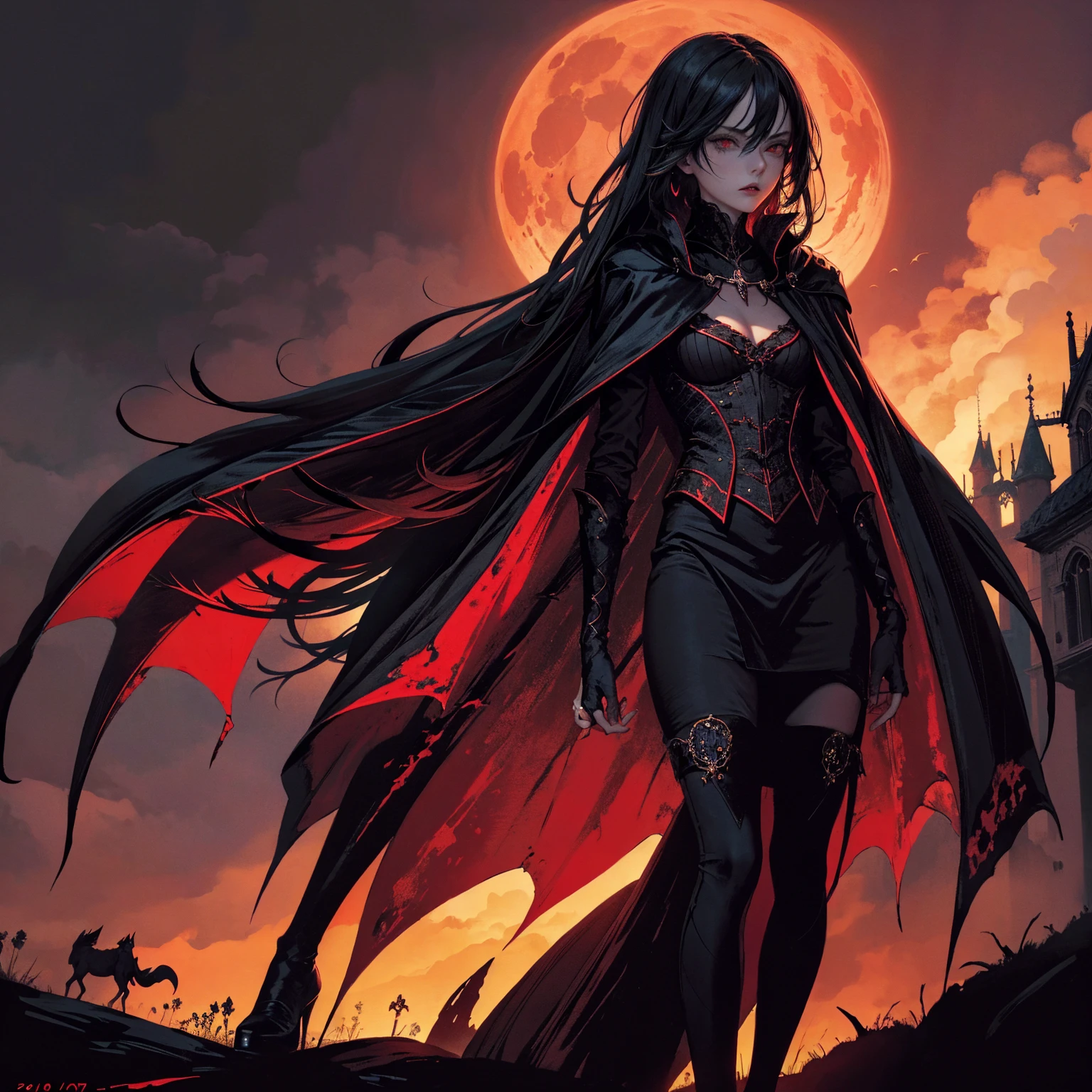 best quality, 4k, high resolution, masterpiece:1.2, Very detailed, actual:1.37, Mood lighting, Girl in a long cape, Vampire Girl, Lich Girl, Archmage Girl, Wearing a reflective latex skirt that shows a little skin above the chest, Dangerous sneer, Black Hair, Standing, Facing the camera, Crucified, Pitch black sky, Blood-red moon, strange atmosphere, Gothic style, Unforgettable beauty, Dramatic shadows, Ethereal Light, Mysterious atmosphere.