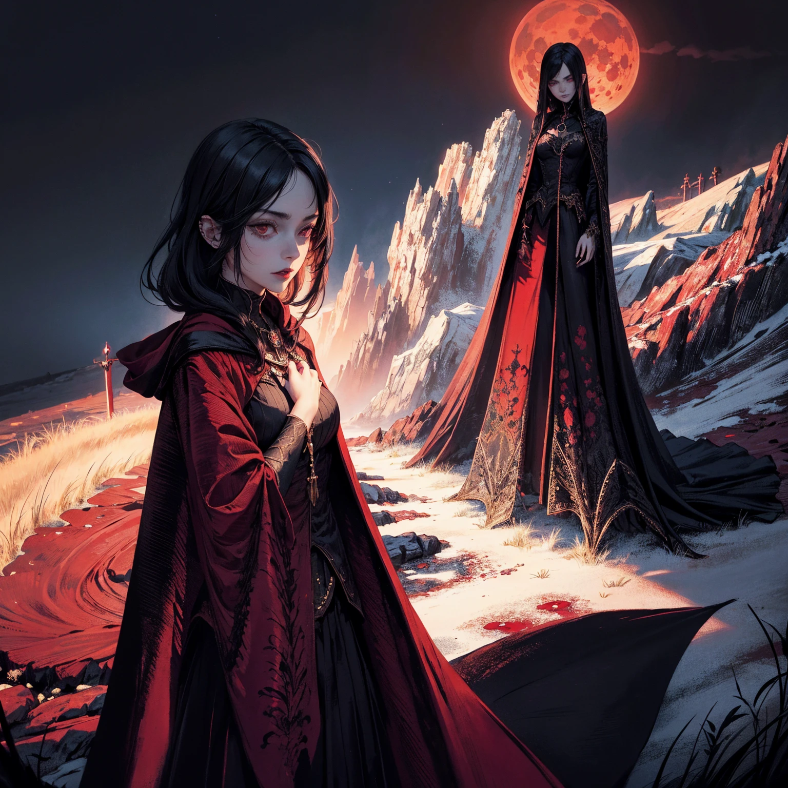 best quality, 4k, high resolution, masterpiece:1.2, Very detailed, actual:1.37, Mood lighting, Girl in a long cape, Vampire Girl, Lich Girl, Archmage Girl, Wearing a reflective latex skirt that shows a little skin above the chest, Dangerous sneer, Black Hair, Standing, Facing the camera, Crucified, Pitch black sky, Blood-red moon, strange atmosphere, Gothic style, Unforgettable beauty, Dramatic shadows, Ethereal Light, Mysterious atmosphere.