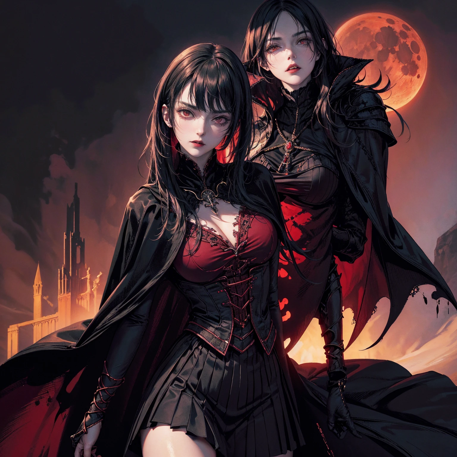 best quality, 4k, high resolution, masterpiece:1.2, Very detailed, actual:1.37, Mood lighting, Girl in a long cape, Vampire Girl, Lich Girl, Archmage Girl, Wearing a reflective latex skirt that shows a little skin above the chest, Dangerous sneer, Black Hair, Standing, Facing the camera, Crucified, Pitch black sky, Blood-red moon, strange atmosphere, Gothic style, Unforgettable beauty, Dramatic shadows, Ethereal Light, Mysterious atmosphere.