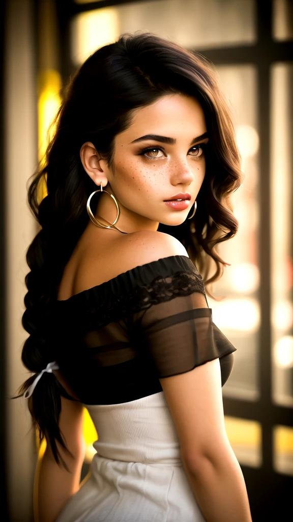 masterpiece,best quality, realistic illustration, style of Philip Lorca diCorcia, girl aged 18yo, 1girl, solo, black long hair, large braid, olive eyes, light freckles, toned body, large bust size, dark skin, dark makeup, wearing an off the shoulder blouse, wet, hoop earrings, perfect lips, posing for the camera, pretty face, vignette, realistic features, highly detailed body, high budget, bokeh, cinemascope, moody, epic, gorgeous, whole body photo, film grain, grainy
