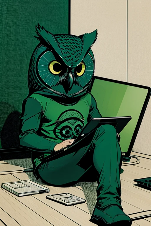 A coder owl sitting using a laptop. Comic book style. Line art. Green colors. No background.