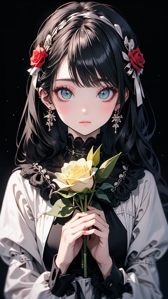 ((masterpiece, Highest quality)),Best aesthetics,One girl, alone, Beautiful eyes in every detail, Long Hair, Black Dress, flower, ribbon, Black background, Black Hair, Rose, hair ribbon, Green Eyes, Long sleeve, white Rose, black ribbon, Upper Body, Cinema Lighting