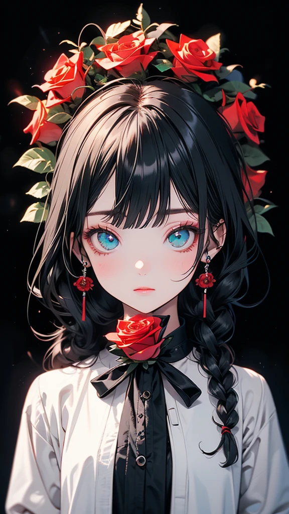 ((masterpiece, Highest quality)),Best aesthetics,One girl, alone, Beautiful eyes in every detail, Long Hair, Black Dress, flower, ribbon, Black background, Black Hair, Rose, hair ribbon, Green Eyes, Long sleeve, white Rose, black ribbon, Upper Body, Cinema Lighting