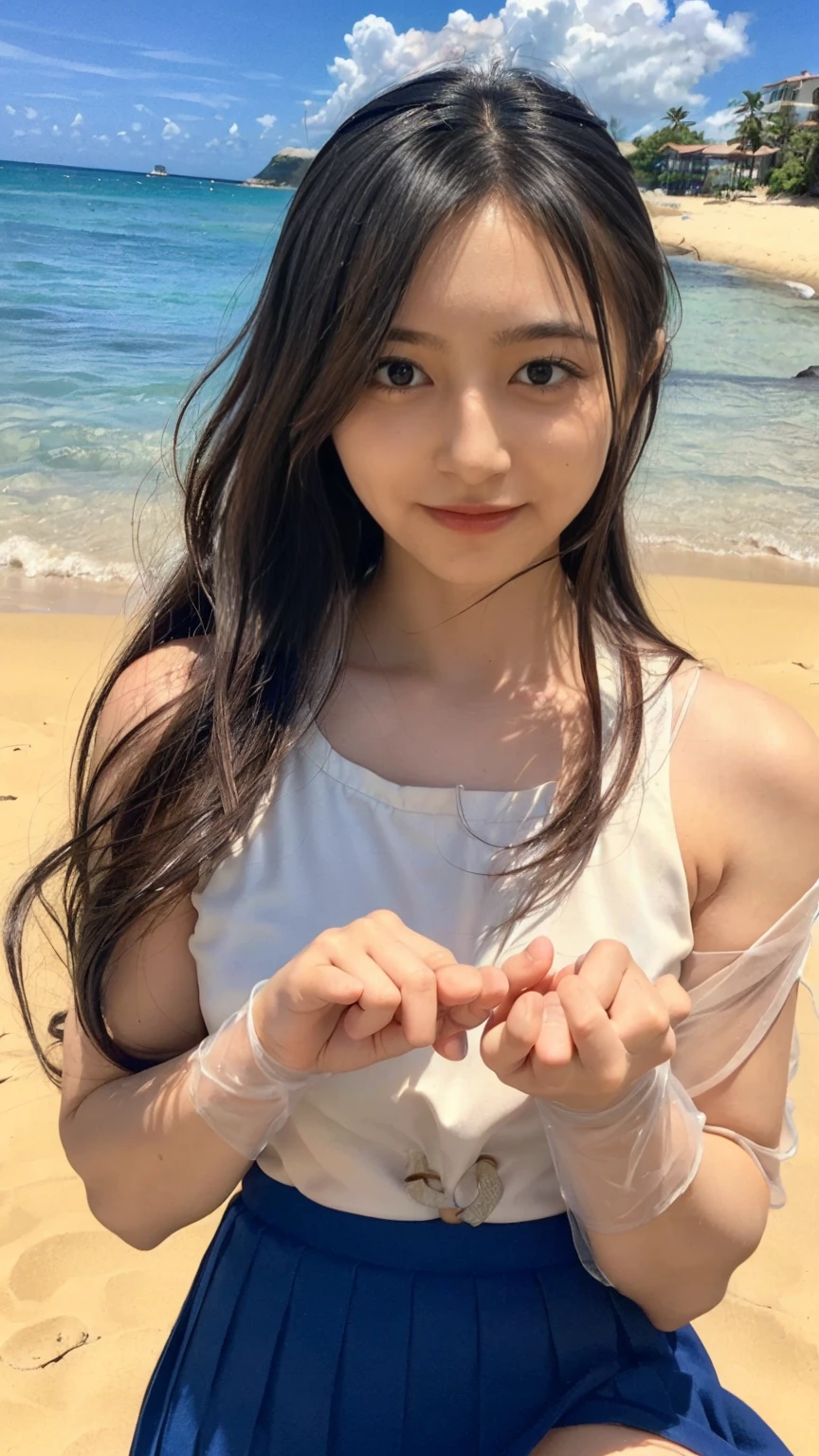 (((Top-down configuration:1.33)))、((No underwear:1.55))、One Girl、Beautiful and detailed eyes and face、barefoot、20 year old cute Japan woman, ((Extremely precise and accurate anatomy:1.0)), (photo Realistic:1.4), (hyper Realistic:1.4), (Highest quality realistic skin texture:1.4), (Improvement of quality:1.4), (Enhances the beauty of skin texture:1.1), Clean and glowing skin, mesh, thin:1.2, (Realistic:1.3), Realistic lighting, (Smoother lighting:1.05), (Improving the quality of cinema lighting:0.9), Backlight, A gentle light shining on your face, Ray Tracing, (Bright light:1.2), 32K, One Japanese woman, fine grain, Detailed face, (Film Grain:1.1),(Accentuates body lines:1.1), High resolution, Natural look, Kind eyes, Improves hair quality, Delicate light and shadow, Transparent muscle, Graceful pose, Beautiful Eyes, Sharp details, Soft light reflection, Beautiful contours, Delicate skin tone, Fine hair texture, Natural background, (((sunny day、Beach、A strong wind is blowing、Her hair and skirt are flying、squat, Traditional navy blue sailor uniform、Open shirt、Pleated skirt、Scooping seawater with hands:1.25、splash、Sandy Beach、Light of the sun、clear blue sea、The waves crash quietly、Blue sky and white clouds、green mountain々、Beautiful Nature、The joy of youth)))、