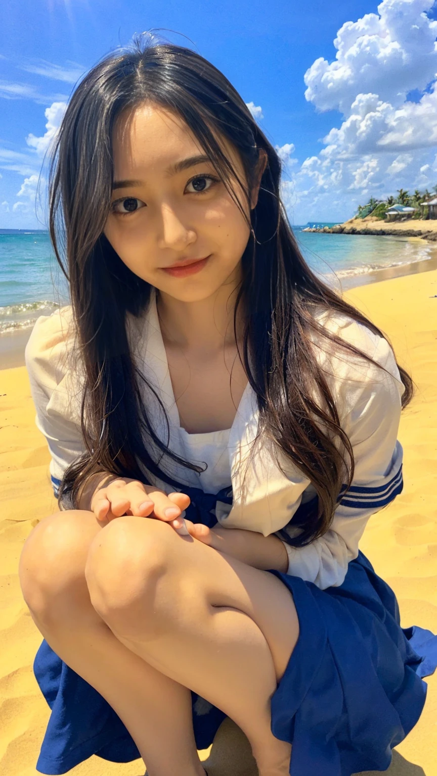 (((Top-down configuration:1.33)))、((No underwear:1.55))、One Girl、Beautiful and detailed eyes and face、barefoot、20 year old cute Japan woman, ((Extremely precise and accurate anatomy:1.0)), (photo Realistic:1.4), (hyper Realistic:1.4), (Highest quality realistic skin texture:1.4), (Improvement of quality:1.4), (Enhances the beauty of skin texture:1.1), Clean and glowing skin, mesh, thin:1.2, (Realistic:1.3), Realistic lighting, (Smoother lighting:1.05), (Improving the quality of cinema lighting:0.9), Backlight, A gentle light shining on your face, Ray Tracing, (Bright light:1.2), 32K, One Japanese woman, fine grain, Detailed face, (Film Grain:1.1),(Accentuates body lines:1.1), High resolution, Natural look, Kind eyes, Improves hair quality, Delicate light and shadow, Transparent muscle, Graceful pose, Beautiful Eyes, Sharp details, Soft light reflection, Beautiful contours, Delicate skin tone, Fine hair texture, Natural background, (((sunny day、Beach、A strong wind is blowing、Her hair and skirt are flying、squat, Traditional navy blue sailor uniform、Open shirt、Pleated skirt、Scooping seawater with hands:1.25、splash、Sandy Beach、Light of the sun、clear blue sea、The waves crash quietly、Blue sky and white clouds、green mountain々、Beautiful Nature、The joy of youth)))、