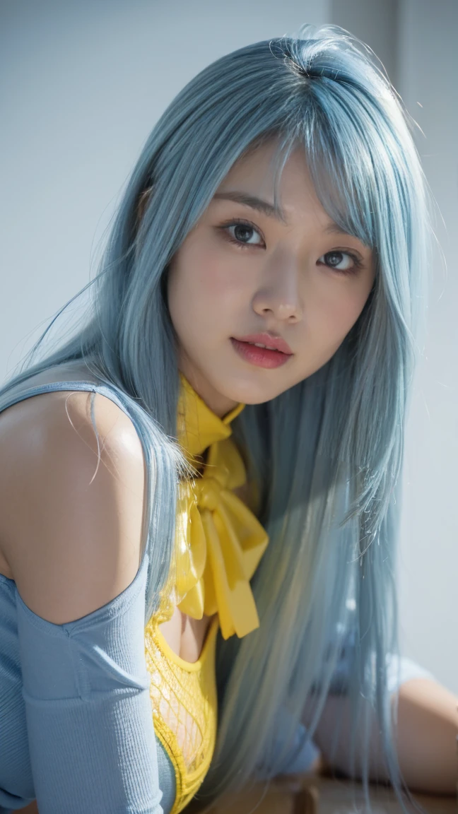 ((Very detailed)),((best quality)),(Super detailed),((masterpiece)), true picture, intricate details, Super detailed, Ultra-high definition, depth field,true, some beautiful women, tall and big,((face slimming:1.3)),((beautiful eyes)), Lips, Eyeliner,pretty face,(muscular body:1.5),Serious, A faint smile,((yellow theme:1.3), Latex tights, Absolute opportunity, fishnet stockings pantyhose, garter belt,(light blue hair:1.4),(long hair:1.1),Large Breasts, (angry smile:1.0), (blush),skin dimpling,open mouth,(shiny dark skin:1.2),Cape Dutch,bust focus,Face focus,Dynamic angle,Face Up,White background, masterpiece, best quality, Ridiculous, 8k, photo trueistic, Best illustration, (Depth of Field:1.5), Phototrueism: 1.4, original photo: 1.2,