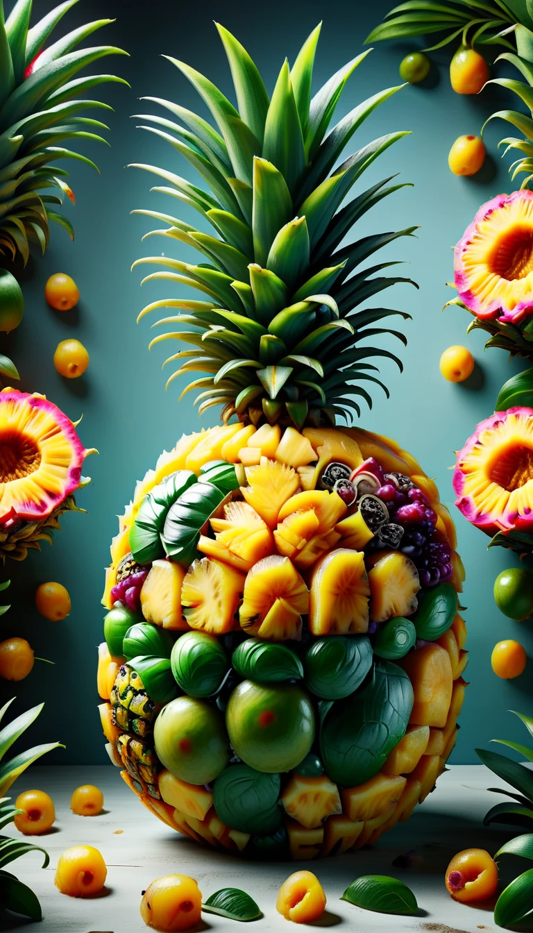 hyper detailed masterpiece pineapple ,dynamic,awesome quality,floating liquid plant,ral-passion fruit,photorealistic,cinematic lighting,3d,highly detailed,intricate details,ultra-realistic,ultra-detailed,hyperrealistic,hyper-realistic,octane render,4k,8k,highly detailed description,sharp focus,extremely detailed,professional digital art,concept art,studio lighting,physically-based rendering,volumetric lighting,vibrant colors,natural colors,realistic textures,vivid colors,dramatic lighting
