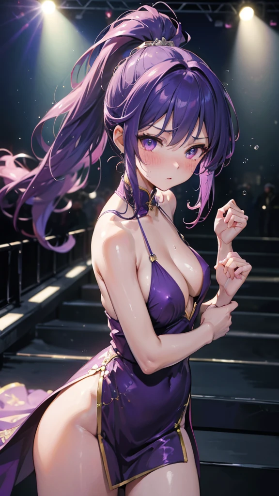 Highest quality, Super detailed, Highest quality, Very detailed, beautiful, masterpiece, 8k,
1 Female, Purple Hair, Long Hair, Pink Eyes, Very detailed目, China dress, purple dress, high ponytail, fighter, make a fist, punch, (fighting with a man:1.5), (Staring at the audience:1.5), (Embarrassing,blush:1.3),(Ecstasy:1.3) ,(Vulgarity:1.3),(Sweat:0.8), reflective water, city street, blue sky, thron,nsfw,
Slanted Eyes, Contemptuous eyes,