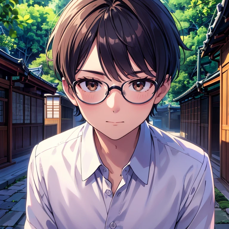 masterpiece, Highest quality, (alone focus), (Perfect Face:1.1), (Attention to detail:1.1),dramatic, gentleman,One man, (Healthy Skin),Korean,White eyes,[Glasses], 片Glasses,alone,White collared shirt,大きく開いた口のlol顔,lol,Looking into the camera,Detailed Background,art,Selfie,Natural light,Japanese Shrines