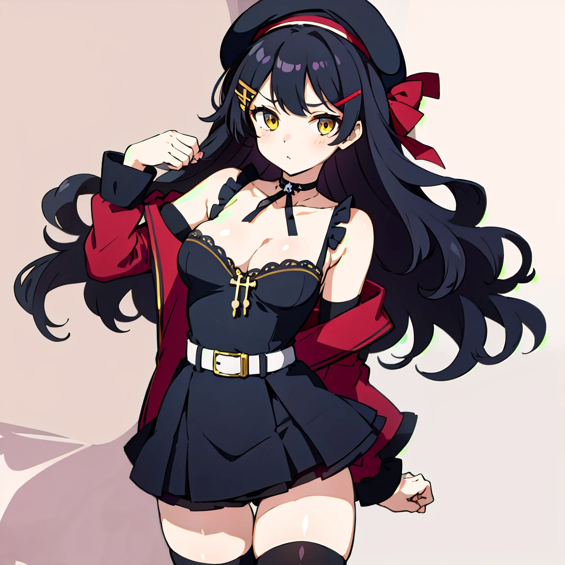 (masterpiece:1.2), (high quality:1.2), girls with((1girl, solo, black hair, yellow eyes, (wavy long hair, millitary beret, hairclips:1.3), blush, breasts, choker, cleavage, coat, cowboy shot, blue lace dress, camisole, ribbon waist belt, black ribbon belt, red bow, red ribbon, neck ribbon, collar, collarbone, rosary, rosary choker, cross, medium breasts, sleeveless, cleavage, thighhighs, single thighhigh, zettai ryouiki, solo, legs, high heels