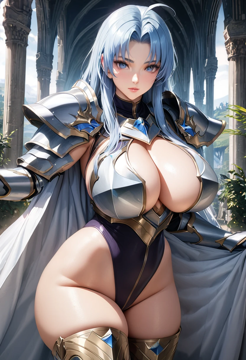 ((highest quality)), ((masterpiece)), ((hyperrealistic)), (detailed background), 1girl, ((curvy: 1.2)), perfect face, Langrisser, ((black lamé plunge leotard: 1.5)), ((catsuit)), ((blue paladin armor: 1.3)), ((long skirt)), ((armored dress)), (cloak de cour), gauntlet, gloves, belt, silver straight hair, ahoge, parted bangs, (huge breasts), (see-through cleavage cutout), (zettai ryouiki armored thigh high boots), (thigh), beautiful eyes, Perfect hands, perfect fingers,