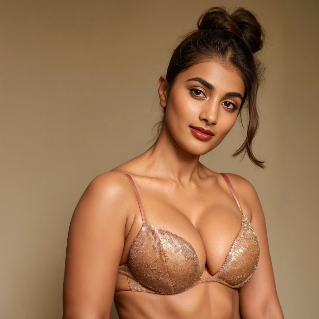 extreme close up photo of 30 years old naked Pooja hegde, hourglass figure, deep cleavage, armpits, seductive eyes, ass, look at viewer lusciously, subtle smile, erotic standing, red lips, sultry, ponytail, 4K, HD, blue lingerie.