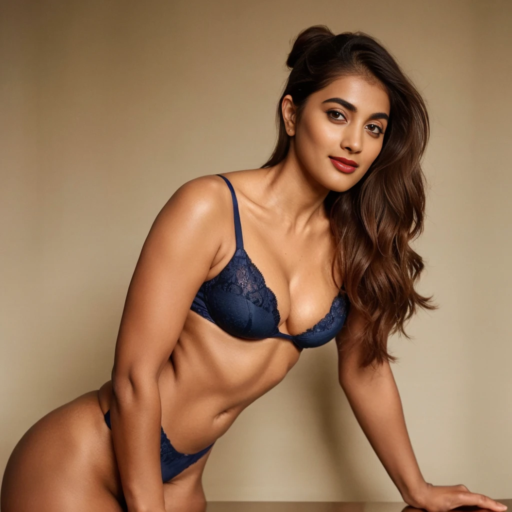 extreme close up photo of 30 years old naked Pooja hegde, hourglass figure, deep cleavage, armpits, seductive eyes, ass, look at viewer lusciously, subtle smile, erotic standing, red lips, sultry, ponytail, 4K, HD, blue lingerie.