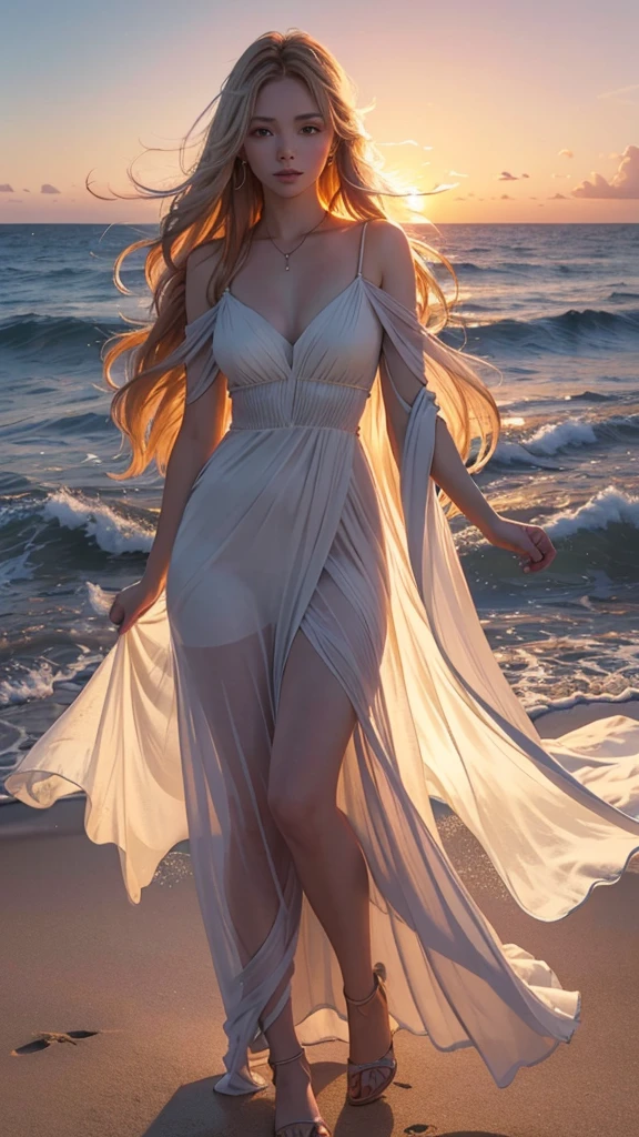 Design a beautiful, detailed digital artwork featuring a young woman with long, flowing hair, standing on a sandy beach during sunset. She is dressed in a light, flowing dress that moves with the wind. The scene captures the vibrant colors of the sunset, with the sky transitioning from warm oranges and pinks to deeper purples and blues. The waves of the ocean are gently rolling in the background. The woman's expression is peaceful as she gazes at the horizon, with the soft, golden light of the setting sun illuminating her face and hair