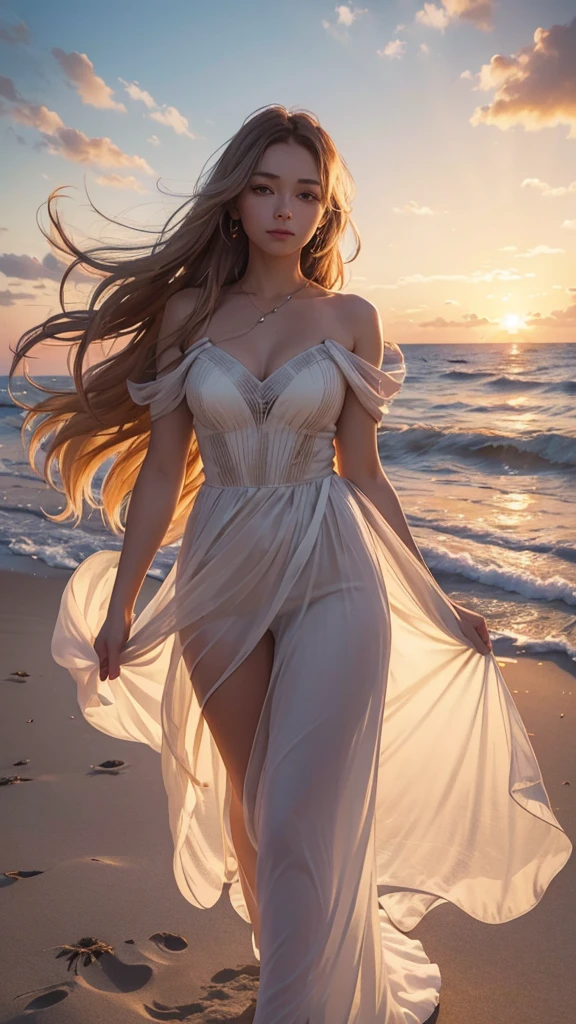 Design a beautiful, detailed digital artwork featuring a young woman with long, flowing hair, standing on a sandy beach during sunset. She is dressed in a light, flowing dress that moves with the wind. The scene captures the vibrant colors of the sunset, with the sky transitioning from warm oranges and pinks to deeper purples and blues. The waves of the ocean are gently rolling in the background. The woman's expression is peaceful as she gazes at the horizon, with the soft, golden light of the setting sun illuminating her face and hair