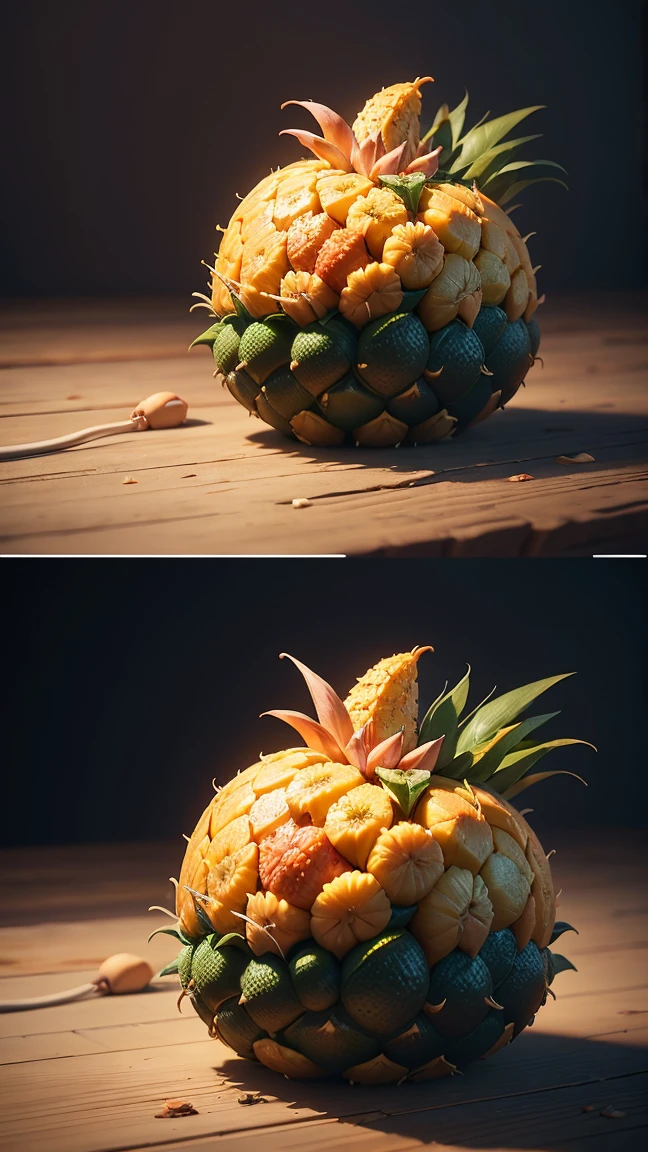 hyper detailed masterpiece pineapple ,dynamic,awesome quality,floating liquid plant,ral-passion fruit,photorealistic,cinematic lighting,3d,highly detailed,intricate details,ultra-realistic,ultra-detailed,hyperrealistic,hyper-realistic,octane render,4k,8k,highly detailed description,sharp focus,extremely detailed,professional digital art,concept art,studio lighting,physically-based rendering,volumetric lighting,vibrant colors,natural colors,realistic textures,vivid colors,dramatic lighting
