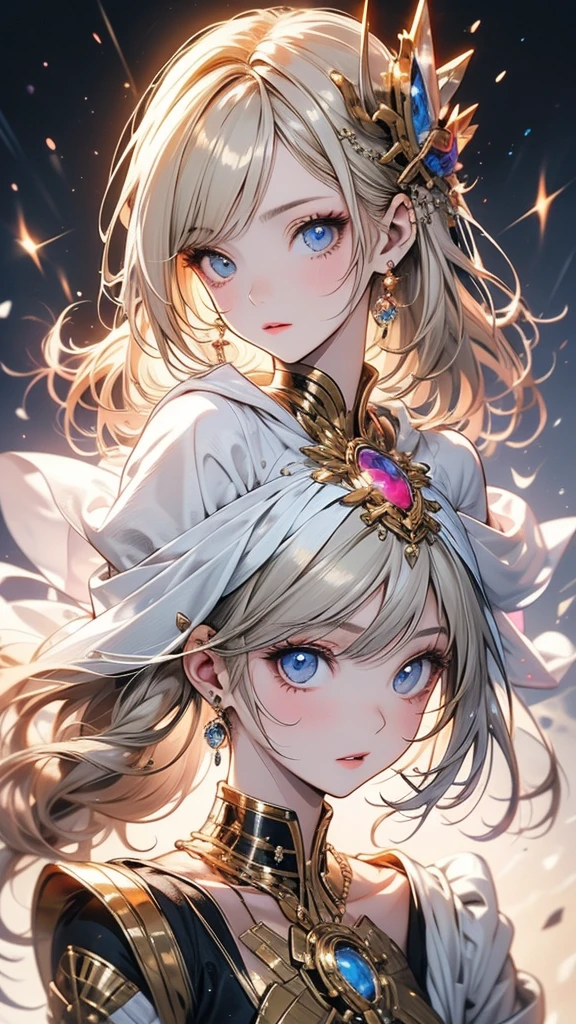 A woman in a white dress is holding a music box, artwork in the style of Gwaiz, Gwaiz on pixiv artstation, Gwaiz on artstation pixiv, Gwaiz, Fantasy art style, Gwaiz masterpiece, Beautiful and elegant queen, Beautiful character drawings, Detailed digital anime art, Blonde Princess, Gray Hair, Sky blue eyes, Pink Lips,(Very delicate and beautiful face), (Beautiful eyes in every detail),