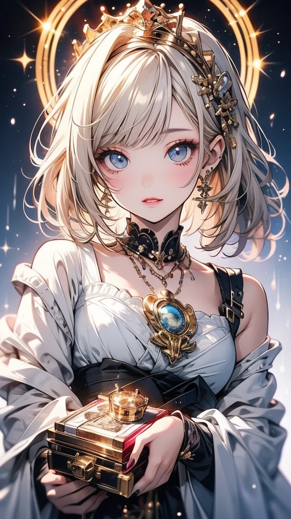 A woman in a white dress is holding a music box, artwork in the style of Gwaiz, Gwaiz on pixiv artstation, Gwaiz on artstation pixiv, Gwaiz, Fantasy art style, Gwaiz masterpiece, Beautiful and elegant queen, Beautiful character drawings, Detailed digital anime art, Blonde Princess, Gray Hair, Sky blue eyes, Pink Lips,(Very delicate and beautiful face), (Beautiful eyes in every detail),