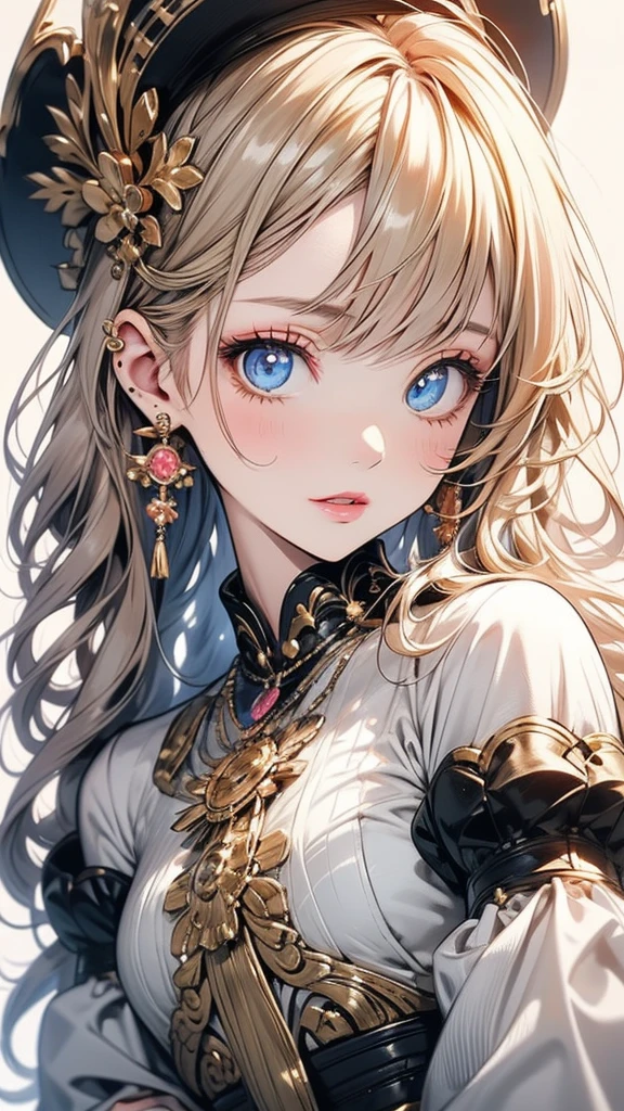 A woman in a white dress is holding a music box, artwork in the style of Gwaiz, Gwaiz on pixiv artstation, Gwaiz on artstation pixiv, Gwaiz, Fantasy art style, Gwaiz masterpiece, Beautiful and elegant queen, Beautiful character drawings, Detailed digital anime art, Blonde Princess, Gray Hair, Sky blue eyes, Pink Lips,(Very delicate and beautiful face), (Beautiful eyes in every detail),
