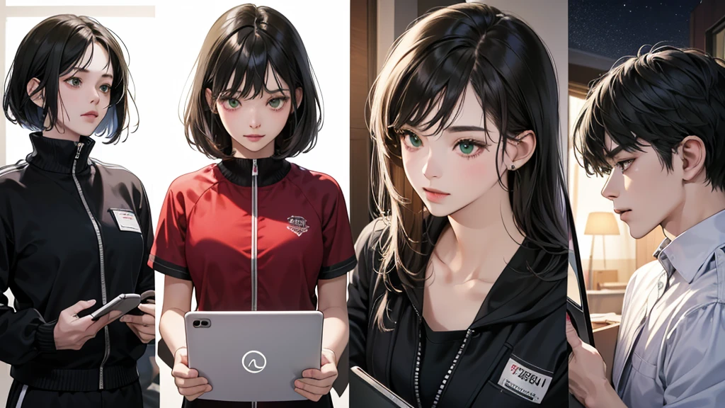 (perfect ???????:1.2)(absurdres, highres, ultra detailed),masterpiece,best quality,high resolution,8k,Realistic face,Realistic skin texture,magnified textures, stunning clarity,detailed anime girl,(ultra detailed eyes and face),(only 1 girl:1.4)21years old,she is office worker,,black hair, bob cut, No-makeup look,,green school track jacket ,green school track pants,nine inch nails t-thirt,(The chest is visible),11 p.m,sparkling eyes,small nose,roundface,Women's Apartments in japanese suburb,(faint light),(darkness),(midnight),(watching a tablet:1.2),(wariza:1.4),(happy),