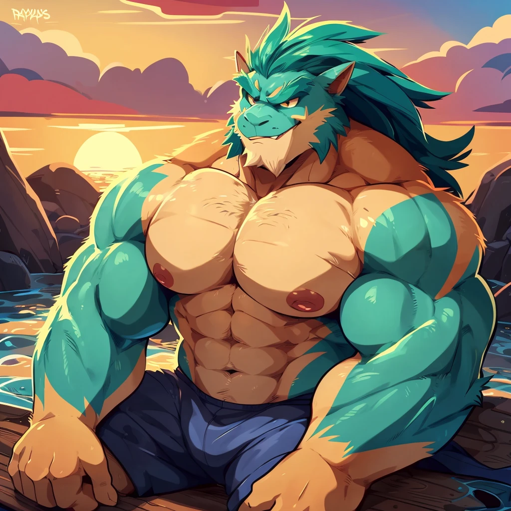 (by haps by rapscallion by rabbity by reysi by atrolux by dagasi), on_e621, masterpiece+, (high detail)+, solo, Zac from league of legends+, male, muscular body, hyper muscles, l big PECS, dawn, mature male, big muscular thighs, +)a : 16s