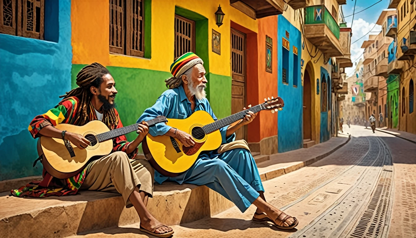 Streetscape,Shield of David,Rastafarian,The entire surface is divided horizontally into three parts with raster colors,sitting old man,Next to him a young man is playing the guitar.