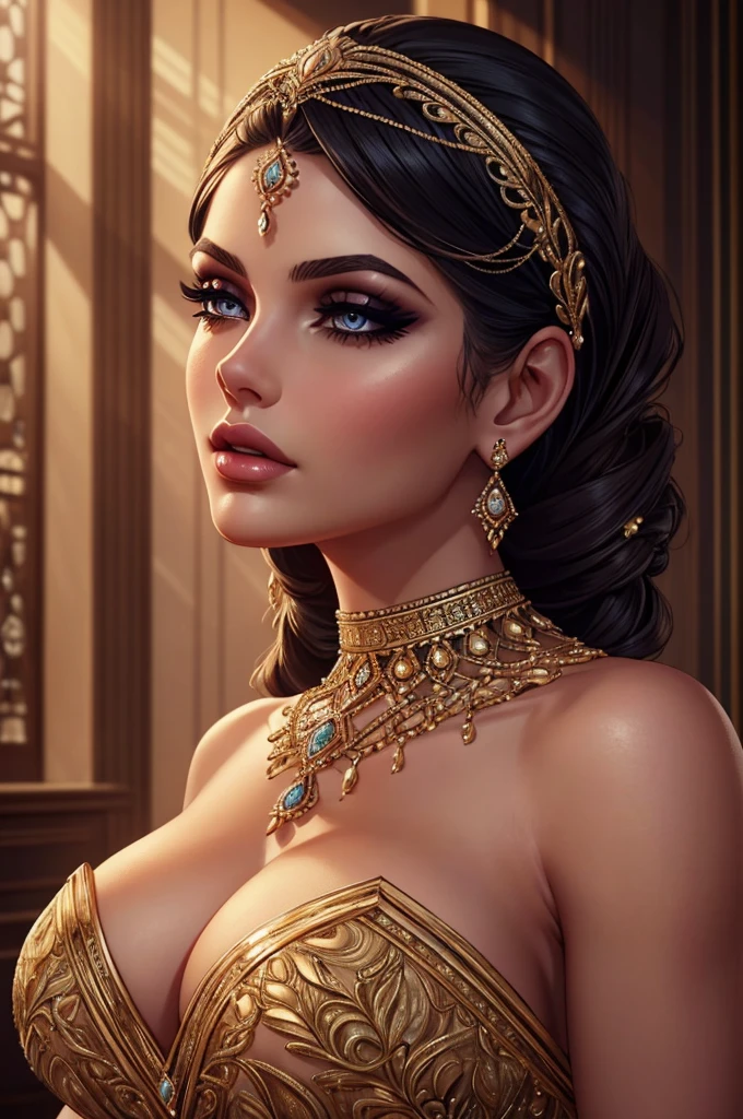 a svelte woman, detailed face, beautiful eyes, full lips, long eyelashes, elegant pose, high fashion dress, luxurious jewelry, intricate hairstyle, dramatic makeup, moody lighting, cinematic color grading, photorealistic, 8k, high quality, masterpiece