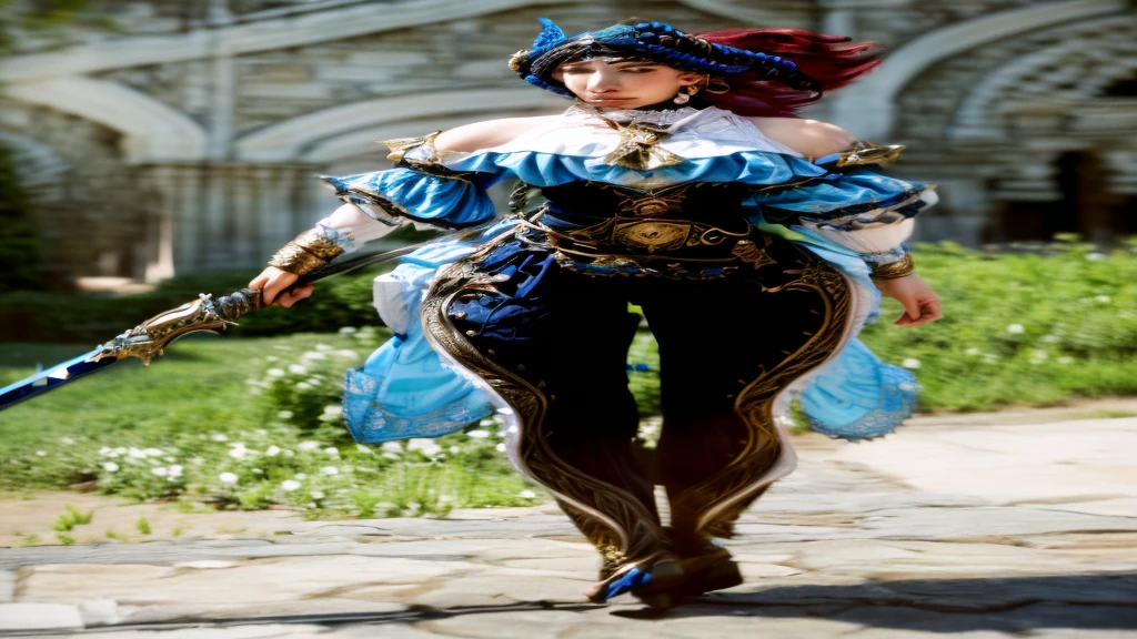 arafed woman in a blue dress holding a sword and a sword, Fantasy Clothing, costume with blue details, photogenic details on the armor, wearing an ornate outfit, intricate armor details, light blue armor, well - detailed outfit, complex outfit, ornate bikini armor, warrior outfit, detailed fantasy armor, detailed armor, ornate armor, ornate attire, Fantasy with 4K detail