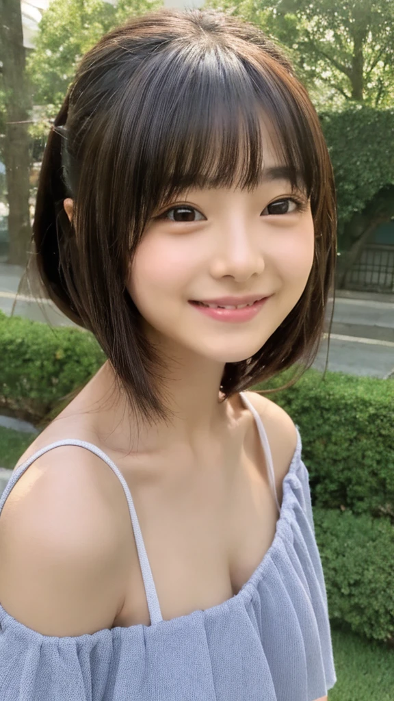 high resolution、1 person、18-year-old、Beautiful short bob lady、blush、Honey、Carefree breasts、Cleavage、Off the shoulder、Selfie、Tokyo、Sky tree