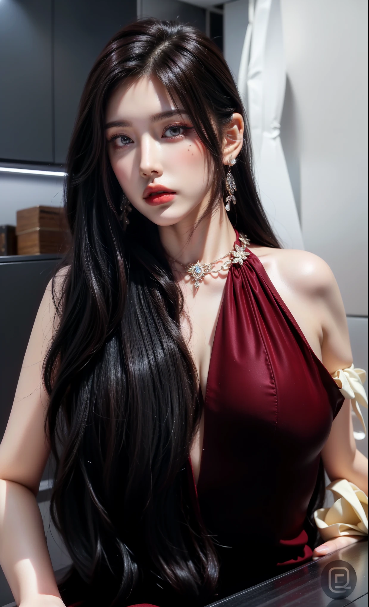 Royal princess,Extremely detailed, Delicate face, Stock Photography , Portrait 400, F1 Camera Lens.6, rich and colorful, Surrealism, Realistic textures, Dramatic Lighting, Thin Film Distiller 800 (8K, original photo, Better quality, masterpiece: 1.2), Extremely detailed, (Extremely delicate skin: 1.2), 8K ultra high definition, SLR camera, Soft Light, high quality.Fire Queen,Blue pupils,Wear red lipstick,Have a tattoo,The tattoo is very three-dimensional,Gorgeous and intricate tattoo designs,Dark eyeshadow,Sexy thick lips(Red lipstick),