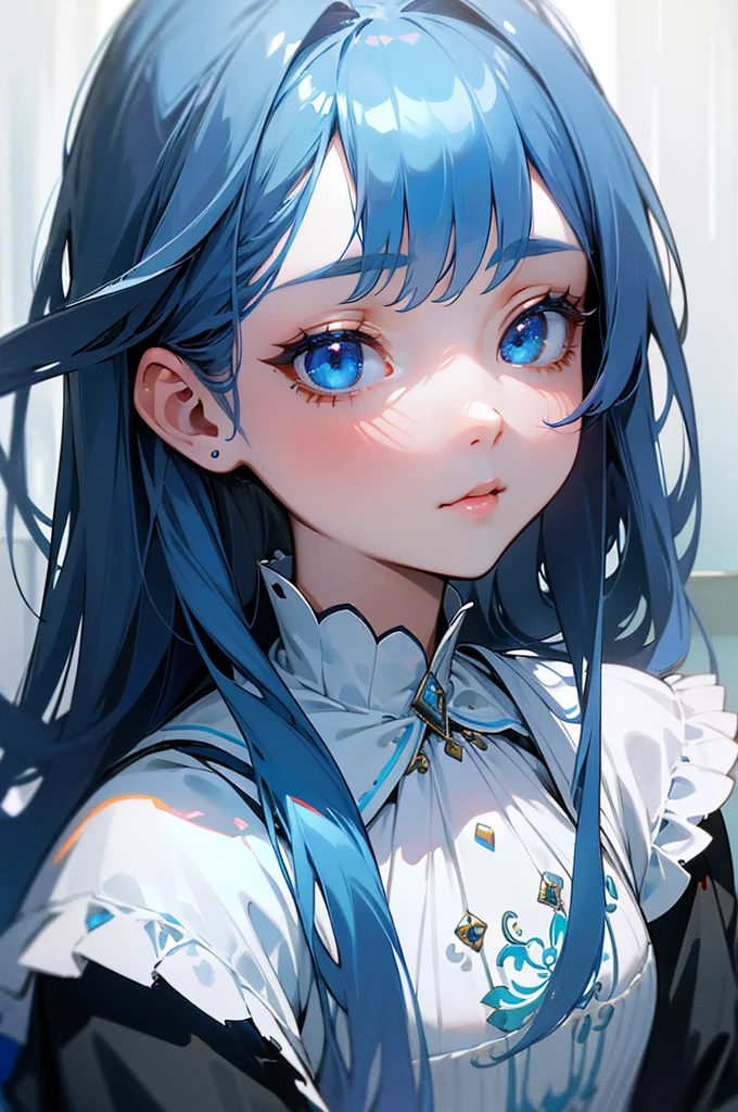 Beautiful young girl with long azure hair、Small and cute girl、She was carrying a big travel bag that was bigger than her body.、With a bag in hand、Deep blue eyes、Full Body Shot、Looking coldly at the camera、Clean and calm pose、(Best Quality、4K、8k、highreasterpiece:1.2)、Exquisite details、Delicate facial features、Beautiful detailed eyes、Beautiful detailed lips、Highly detailed eyes and face、Long eyelashes、Intricate clothing details、Soft lighting、A calming color palette、atmosphere