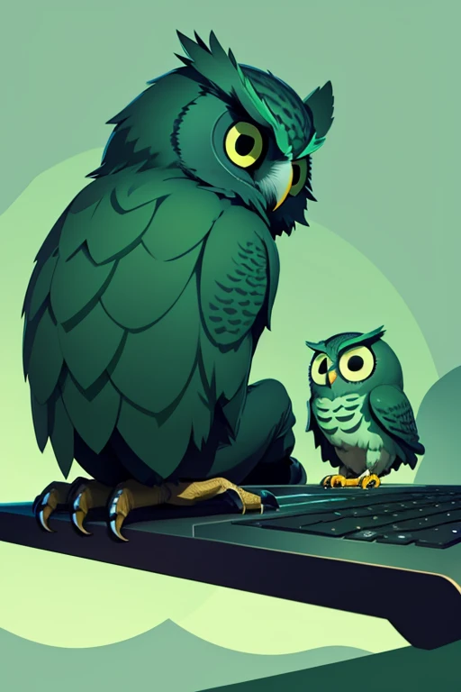 A coder owl sitting using a laptop. Simple shapes. Line art. Green colors. No background.