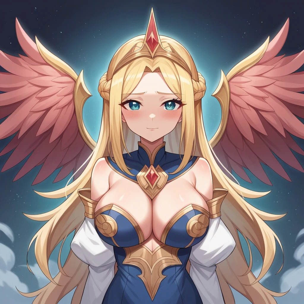 ((Highest quality)), ((masterpiece)), (detailed), (Perfect Face)、Women are messengers of God and great angels.6Archangel and goddess Extia with wings and a shining halo above her head.、The woman is the beautiful Queen of the Gods, Goddess Extia, with medium-longblue hr. She is wearing a ge wedding