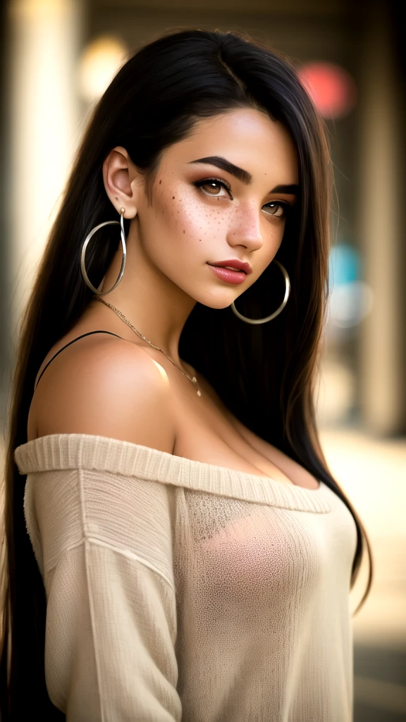 masterpiece,best quality, realistic illustration, style of Philip Lorca diCorcia, girl aged 18yo, 1girl, solo, black long hair, large braid, olive eyes, light freckles, toned body, large bust size,  dark skin, dark makeup, wearing an off the shoulder sweater, wet, hoop earrings, perfect lips, posing for the camera, pretty face, vignette, realistic features, highly detailed body, high budget, bokeh, cinemascope, moody, epic, gorgeous, whole body photo, film grain, grainy