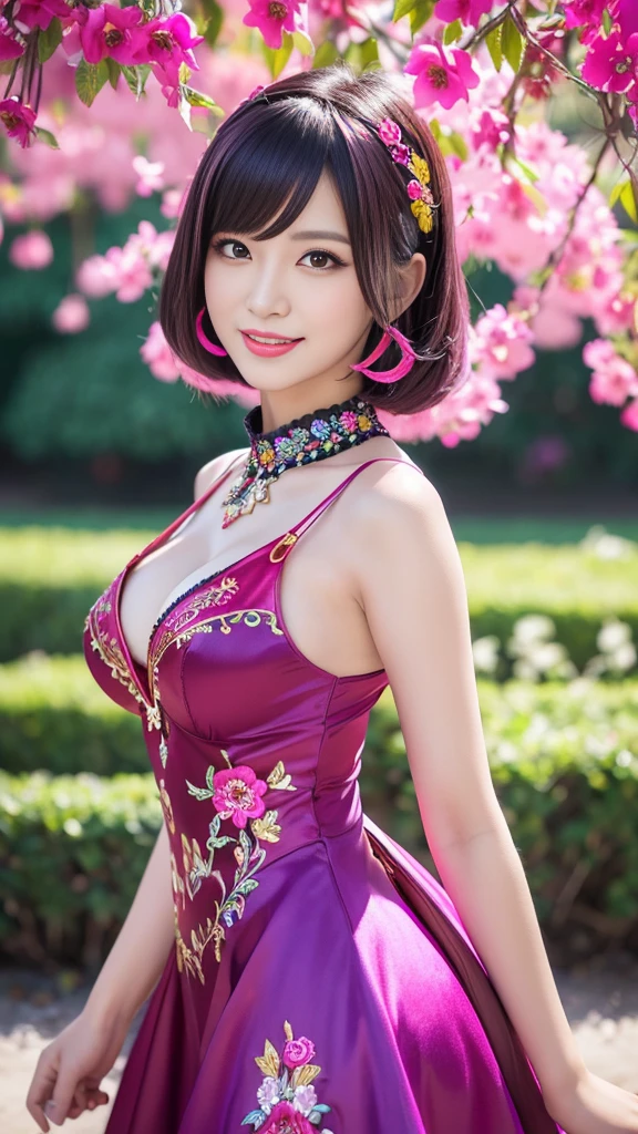 (masterpiece:1.4), (best quality:1.4), ultra high res, ultra high resolution, ((detailed facial features)), HDR, (realistic, photorealistic, photo-realistic:1.37), full body Esbian, sexy Vietnamese model, (-anime), vivid colors, ((vivid colors multicolor (pink, fuchsia, purple) very short hair)), (happy smile), lip-gloss, long lashes, defined eyebrows, wearing large sparkling colorful jewelery, wearing a red silk Paradise Kiss cosplay dress with black floral embroidery, ((vivid colors outfit)), vivid colors, look at the camera, cinematic light, large park background with trees, sweet and sexy pose