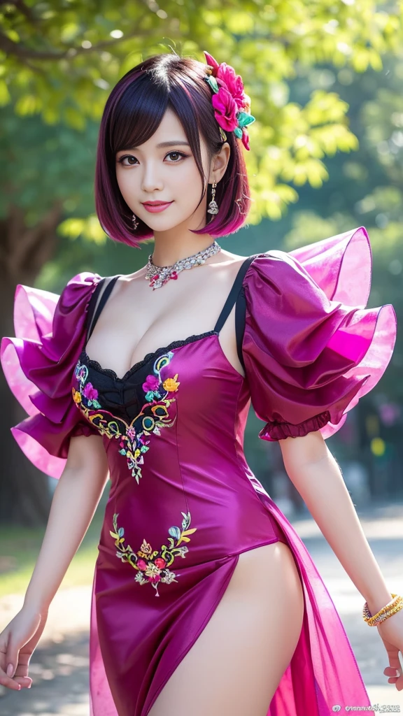 (masterpiece:1.4), (best quality:1.4), ultra high res, ultra high resolution, ((detailed facial features)), HDR, (realistic, photorealistic, photo-realistic:1.37), full body Esbian, sexy Vietnamese model, (-anime), vivid colors, ((vivid colors multicolor (pink, fuchsia, purple) very short hair)), (happy smile), lip-gloss, long lashes, defined eyebrows, wearing large sparkling colorful jewelery, wearing a red silk Paradise Kiss cosplay dress with black floral embroidery, ((vivid colors outfit)), vivid colors, look at the camera, cinematic light, large park background with trees, sweet and sexy pose