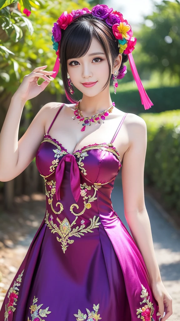 (masterpiece:1.4), (best quality:1.4), ultra high res, ultra high resolution, ((detailed facial features)), HDR, (realistic, photorealistic, photo-realistic:1.37), full body Esbian, sexy Vietnamese model, (-anime), vivid colors, ((vivid colors multicolor (pink, fuchsia, purple) very short hair)), (happy smile), lip-gloss, long lashes, defined eyebrows, wearing large sparkling colorful jewelery, wearing a red silk Paradise Kiss cosplay dress with black floral embroidery, ((vivid colors outfit)), vivid colors, look at the camera, cinematic light, large park background with trees, sweet and sexy pose