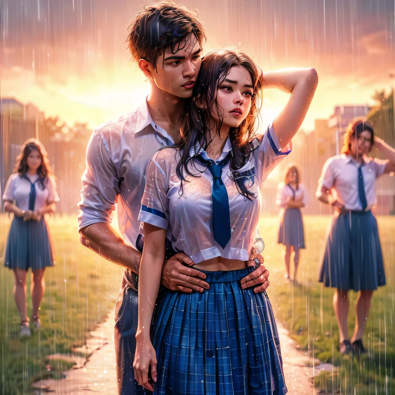 realistic art, there are (woman with large round breast wearing black luxury bra) and her (((handsome muscular short hair masculine alpha male boyfriend))) in a indonesian hugging in the rain, ((wet messy shirt show black bra under shirt)), wet skirt, pretty girl at school field, raining, thai girl, raining award winning photo, school girl, at evening, wet from rain, rainy wet, beautifull , hand behind head, masterpiece, best quality:1.2),,(8k,highres,RAW photo,realistic,photo-realistic:1.3),(detailed skin texture,detailed cloth texture,beautiful detailed face:1.25),professional lighting,photon mapping,beautiful soft light,radiosity,physically-based rendering,raytracing, model shoot style, model shoot style, (extremely detailed CG unity 8k wallpaper), full shot body photo of the most beautiful artwork in the world, ((nsfw))