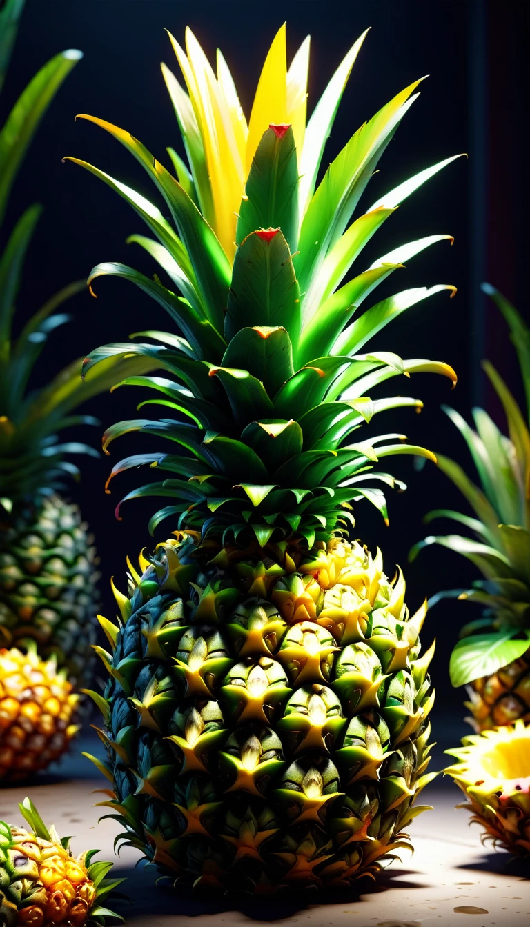 hyper detailed masterpiece pineapple ,dynamic,awesome quality,floating liquid plant,ral-passion fruit,photorealistic,cinematic lighting,3d,highly detailed,intricate details,ultra-realistic,ultra-detailed,hyperrealistic,hyper-realistic,octane render,4k,8k,highly detailed description,sharp focus,extremely detailed,professional digital art,concept art,studio lighting,physically-based rendering,volumetric lighting,vibrant colors,natural colors,realistic textures,vivid colors,dramatic lighting